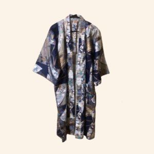 Vintage Japanese Belted Blue Floral Cotton Kimono